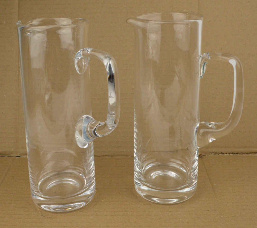 Set of 2 Tall Clear Glass Water Pitchers Carafes Heavy Base 9.5" Unbranded